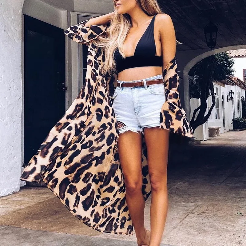 

Oeak New Cover Up Summer Bikini Dress Women Leopard Swimwear Tunic Cardigan Bathing Swim Suit Cover Up Sexy -through Beach Dress