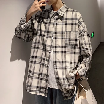 

HIP HOP Streetwear Casual Plaid Shirt Men Long Sleeve High Quality 2020 Loose Spring Autumn Korea Clothes