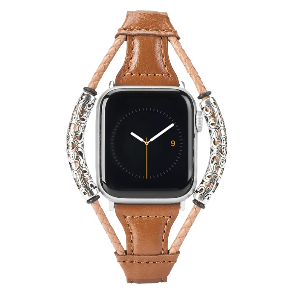Коричневый Кожаный ремешок для Apple Watch Band для женщин тонкий переплетение двойное кольцо браслеты Замена Группа аксессуары для iwatch 4/3/2/1 - Цвет ремешка: Коричневый
