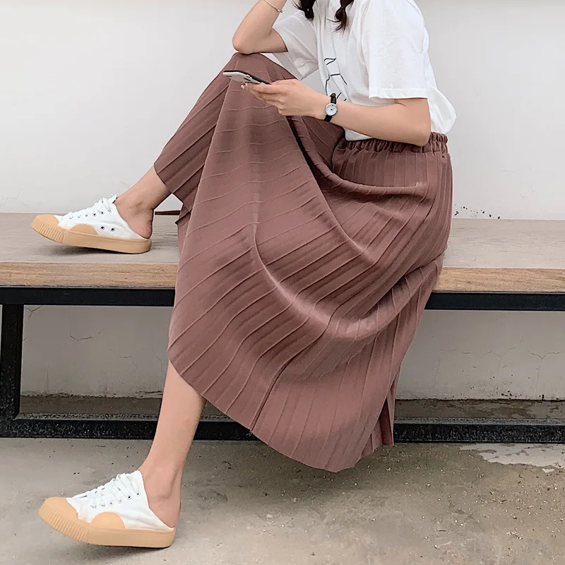 

Mooirue Autumn Women Long Skirts Pleated Solid Loose Streetwear Elastic High Waist Vintage Korean Plus Size Women Maxi Skirts