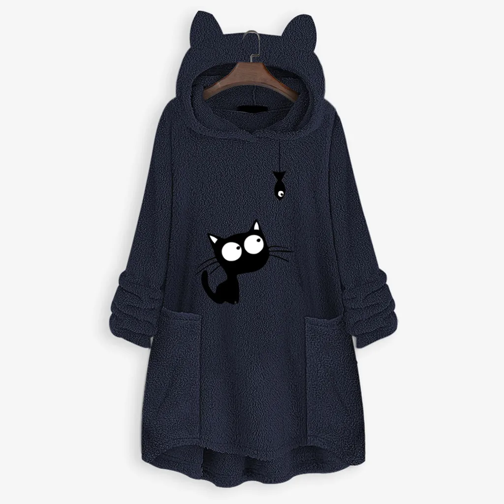 Navy Kawaii, Зимний пуловер, свитшоты, Женская флисовая вышивка, милый кот, принт, толстовки, сохраняющие тепло, карман, с капюшоном, блузка, куртки - Цвет: Navy