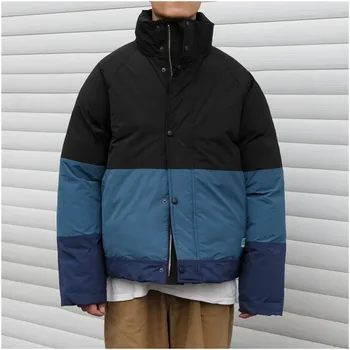 

2019 Winter New Color Matching Stand Collar Raglan Sleeves Cotton Fashion Casual Loose Shirt Jacket Youth Black / Brown M-XL