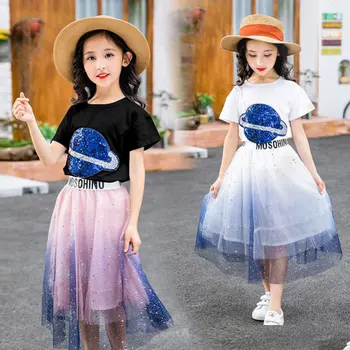 

New Summer Children Skirts Sets Cartoon Earth T-shirt + Gradual Star Skirt 2pcs Fashion 2020 Toddler Girl Clothes Kids Outfit