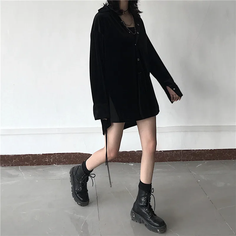 Lychee harajuku, темная однотонная женская бархатная рубашка, топ, повседневная, свободная, на пуговицах, женские блузки, весна, осень, зима, женские Рубашки, Топы
