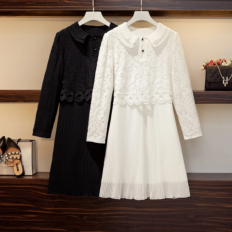 plus size women lace embroidery patchwork pleated mini dresses for solid long sleeve autumn A-line vestidos | Женская одежда