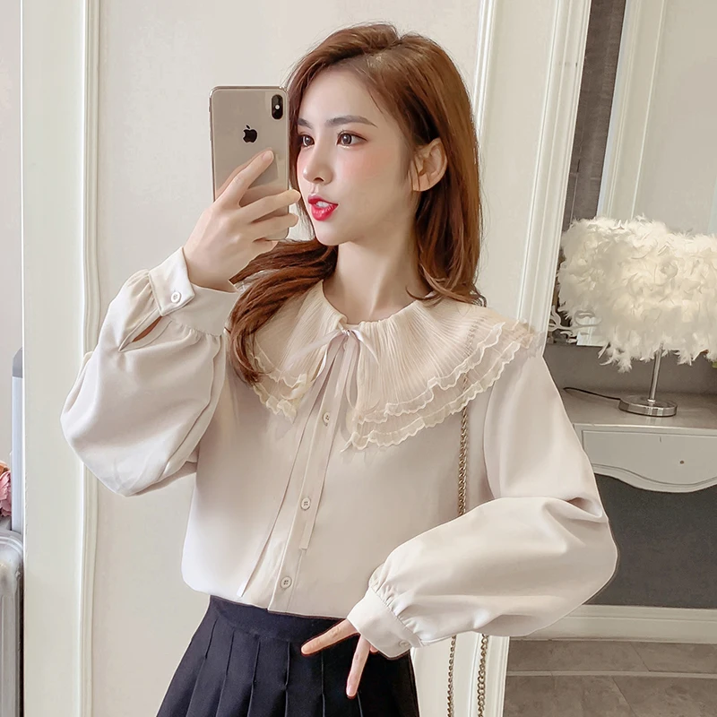 

COIGARSAM Fashion Shirt Womens tops New Winter Korea Style Office Lady Ruffles Full Sleeve Chiffon Loose Women shirts Brown 1505
