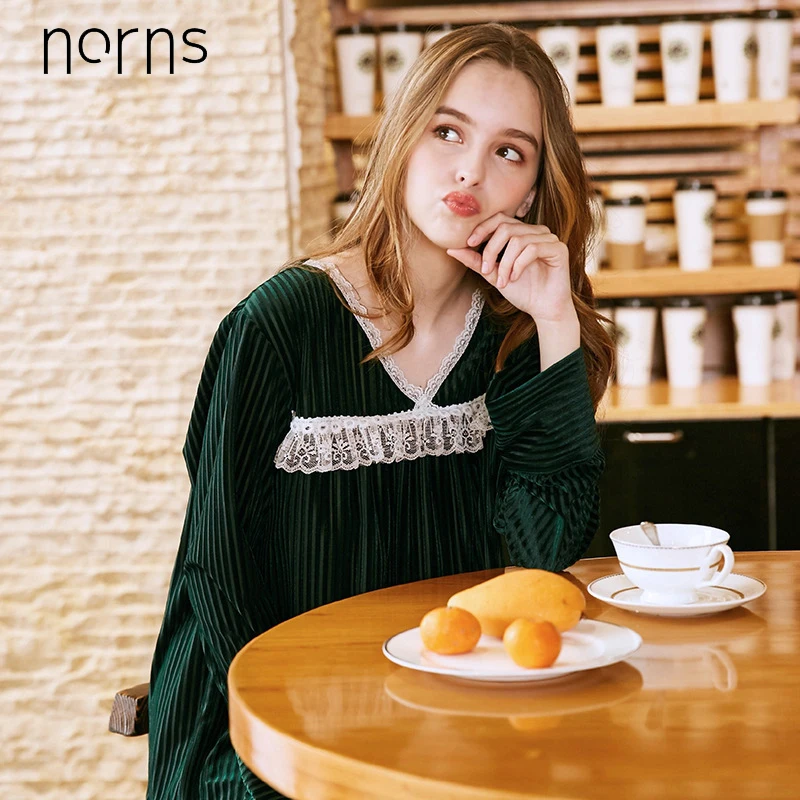 Norns Thin Gold Velvet Pajamas Nightwear Women's Sleepwear Four Seasons Sexy Long-sleeved Nightdress Ladies