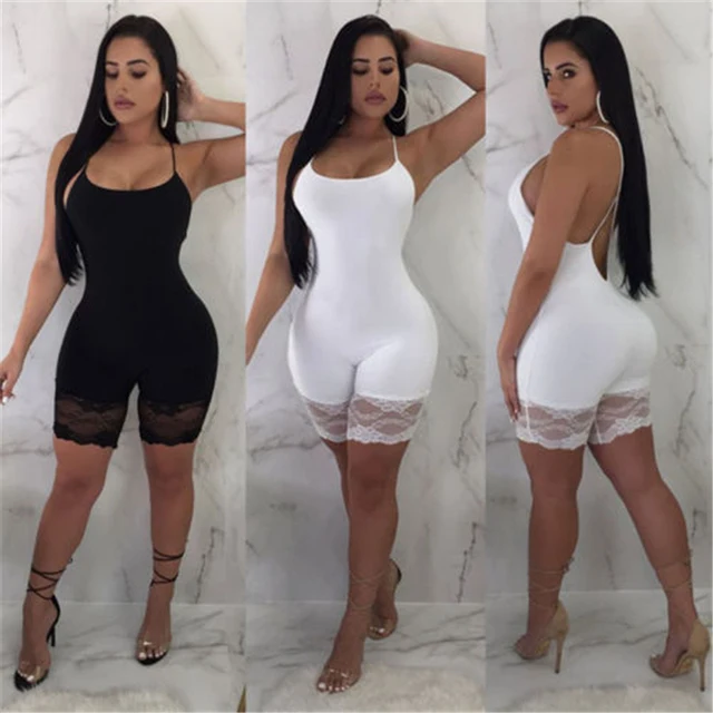 Ladies Fashion Jumpsuit Sexy Sleeveless Skinny Rompers for Women Sexy Backless Short Playsuits Summer Solid Lace Shorts 1