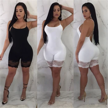 

Ladies Fashion Jumpsuit Sexy Sleeveless Skinny Rompers for Women Sexy Backless Short Playsuits Summer Solid Lace Shorts