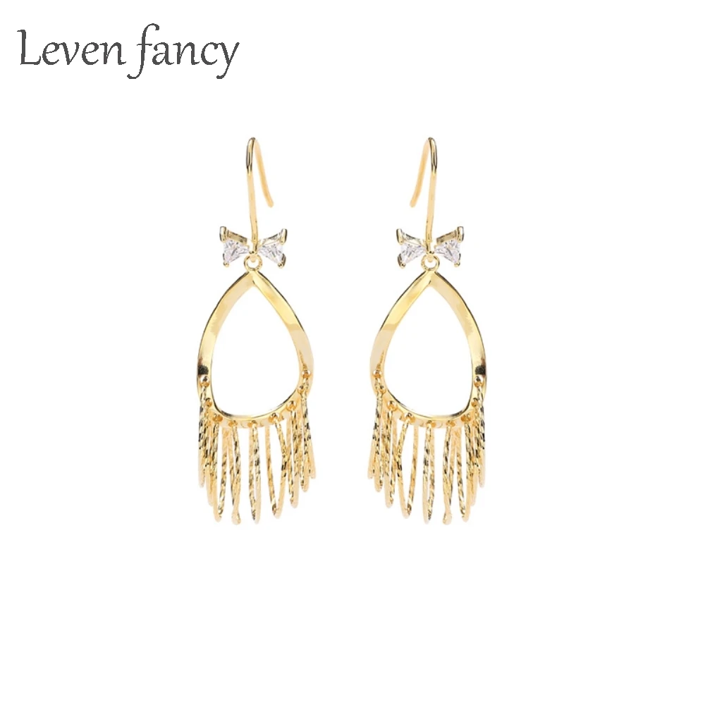 18K Gold Real 925 Sterling Silver Cirlce Stackable Tassel Long Drop Earrings Simple Fashionable Women Zircon Bow | Украшения и