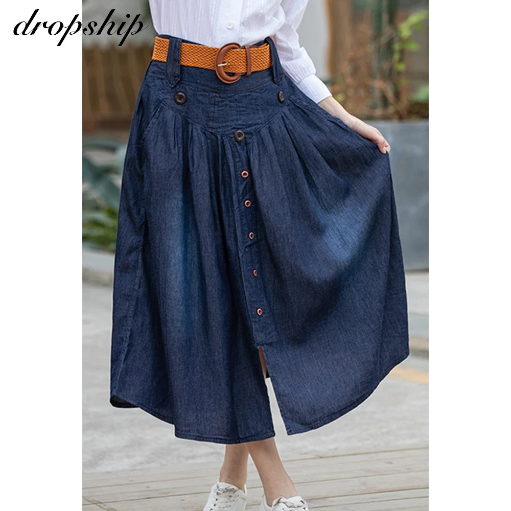 

Dropship Women Elastic High Waist Loose Denim Pleated Skirts Solid Button With Belt Casual Outfits Plus Size Long Jean Skirt