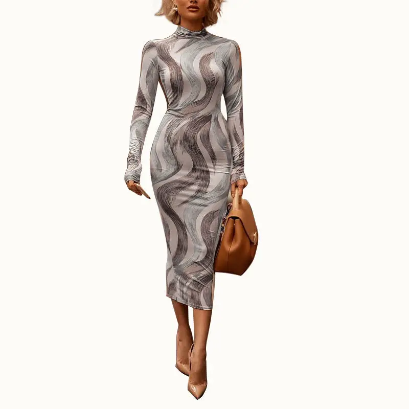 Осень Зима Водолазка с длинным рукавом Boho Платье с принтом женское сексуальное облегающее элегантное платье женское платье Longue Femme Vestidos - Цвет: gray
