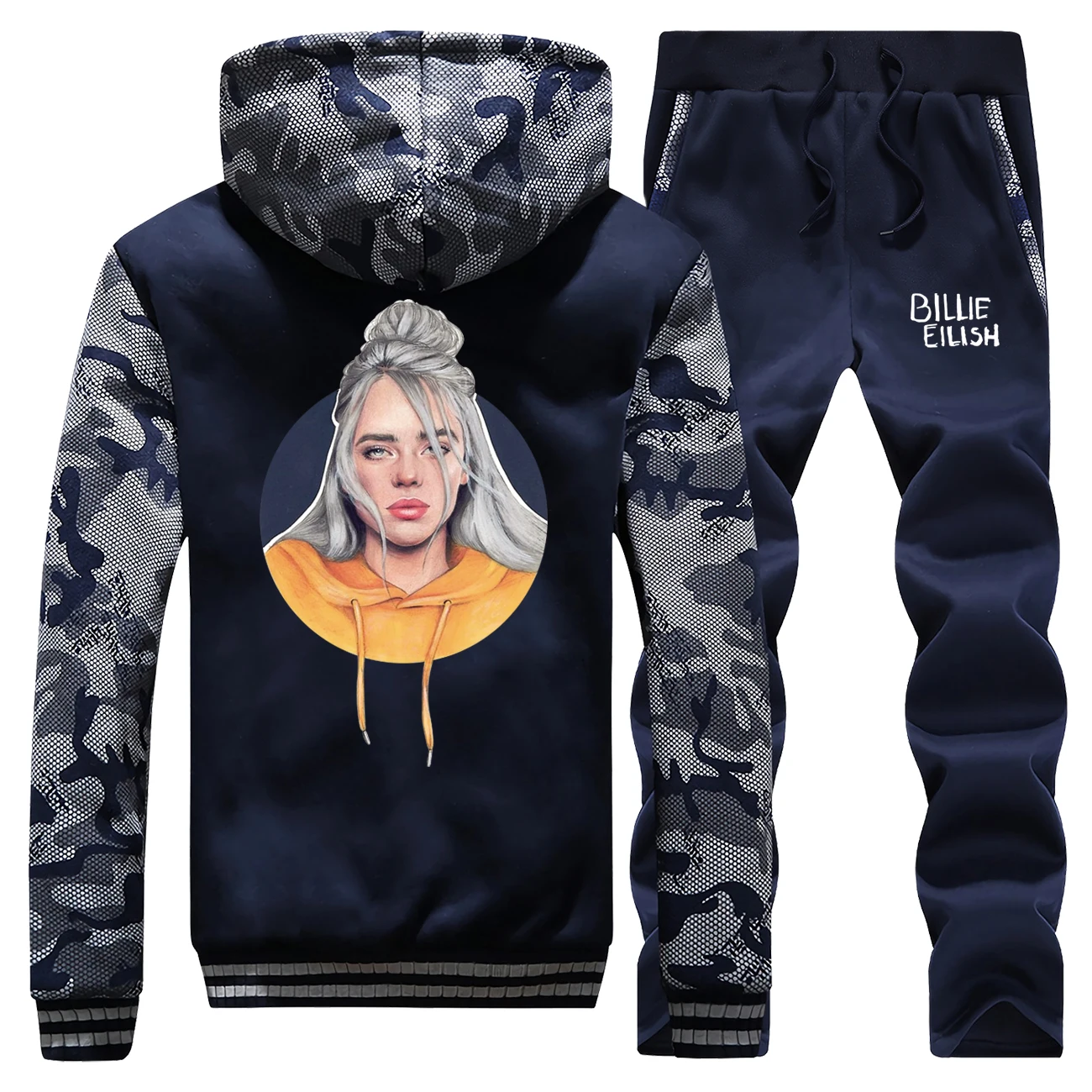 Billie Eilish комплект с толстовкой и штанами, мужской модный спортивный костюм Bad Guy, пальто Kpop, уличная спортивная одежда, Зимняя Толстая куртка, камуфляжный костюм из 2 предметов
