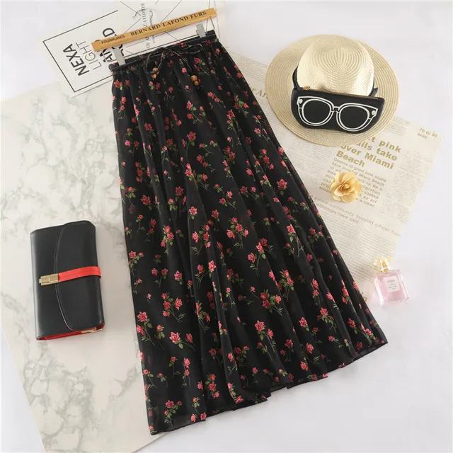 US $9.82 Floral Print Long Women's Skirts Casual Elegant Loose Elastic Waist Spring Clothes Blacke Color Hig