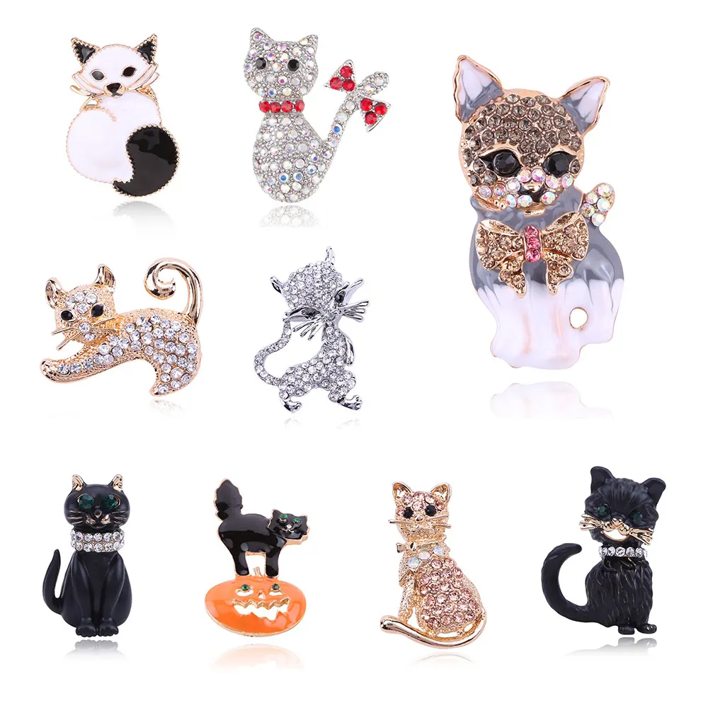 

Lovely Pride Cat Brooch for Party Shell Metal Bow Green Crystal Enamel Pin Black Animal Brooch for Women Jewelry Accessories