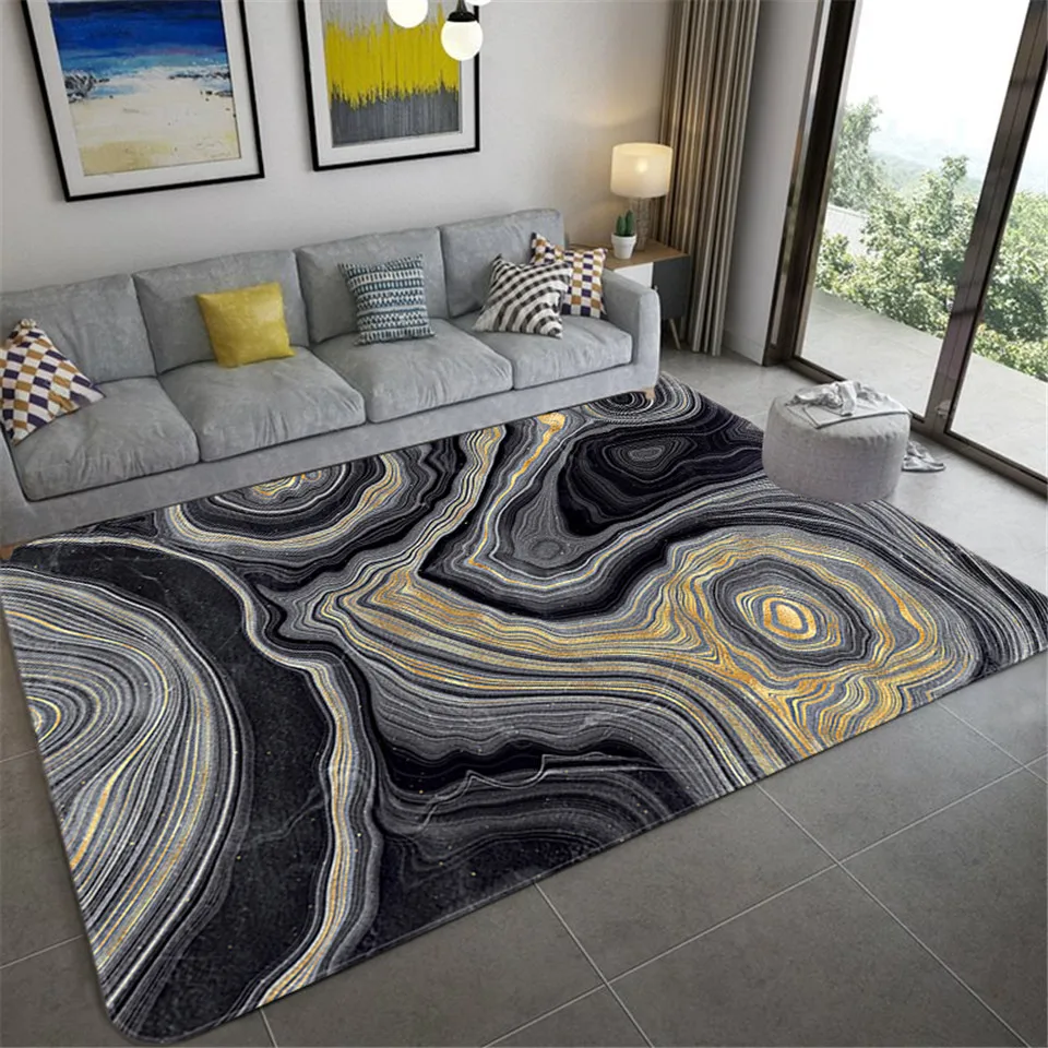 Round Mat Rug Gold & Black Smile Pattern Bedroom Carpet Living Room Area Rugs 