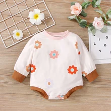 Baby Girl’s Casual Long Sleeve Romper Fashion Colorful Flower Print Round Neck Triangle Jumpsuits