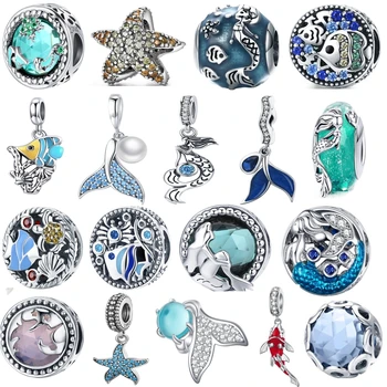 

925 Sterling Silver European Beads with Green Glass Bead, Mistery Ocean Charms Fit Original Pan Bracelets & Necklaces HSC246