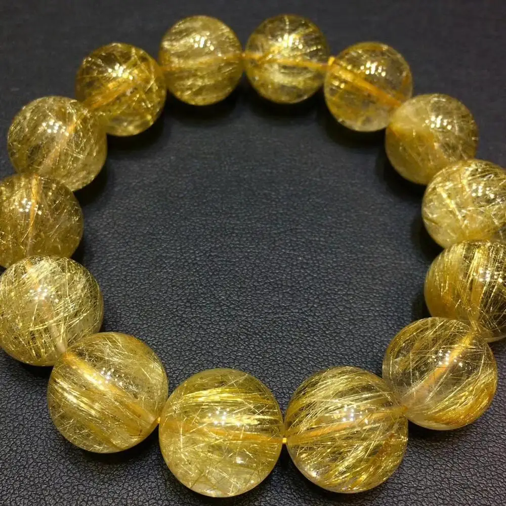 

Natural Brazil Gold Rutilated Titanium Quartz Bracelet 15mm Woman Man Business Wealthy Round Crystal Clear Beads Charm AAAAA