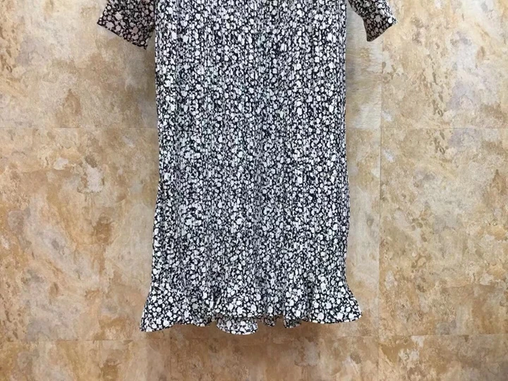 Winter new thin collar of women with print dress hem crimping 1011