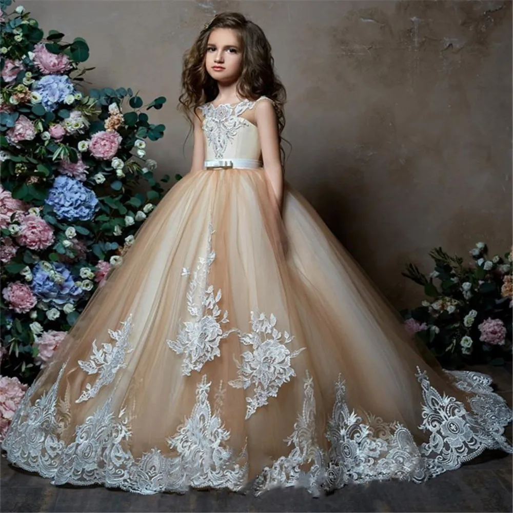 As picture color Платье с цветочным узором для девочек Champagne Puffy Тюль Свадебные вечерние платья для девочек, платье для первого причастия, для причащения присутствовал кружевное платье принцессы вечернее платье для девочек - Цвет: As picture color