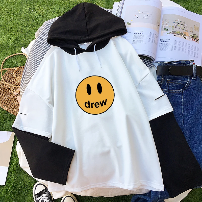 Женские толстовки с капюшоном со смайликом Kawaii Drew, модные толстовки с заниженным плечом, повседневная женская уличная одежда для осени и зимы