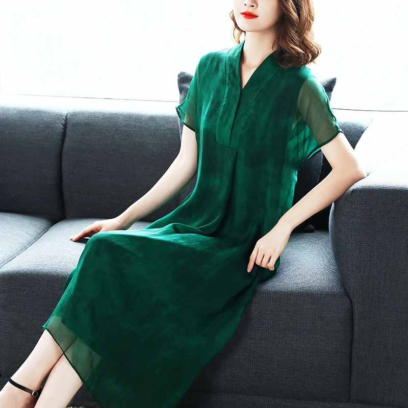 Zomer Jurk 100% Echte Zijde Jurk Vrouwen Kleding Boho Mid Groen Jurken Vinatge Elegante Dames V-hals Jurken 8599 Zomer Jurk 100% Echte Zijde Jurk Vrouwen Kleding Boho Mid Groen Jurken Vinatge Elegante Dames V-hals Jurken 8599