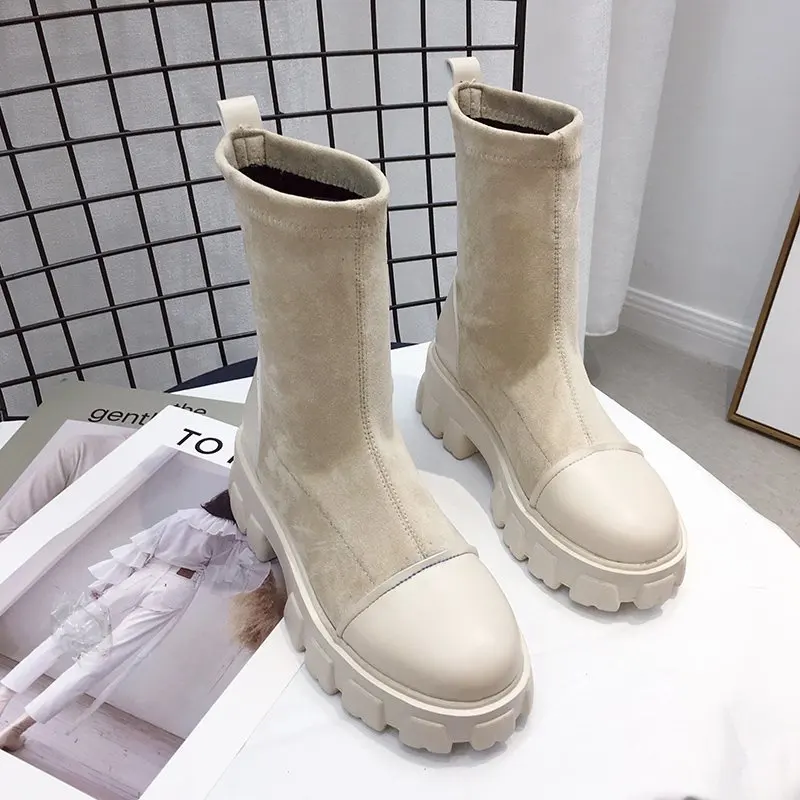 Botas de calcetín negro para mujer, zapatos góticos Punk, botines de plataforma, media blanca, novedad de 2020