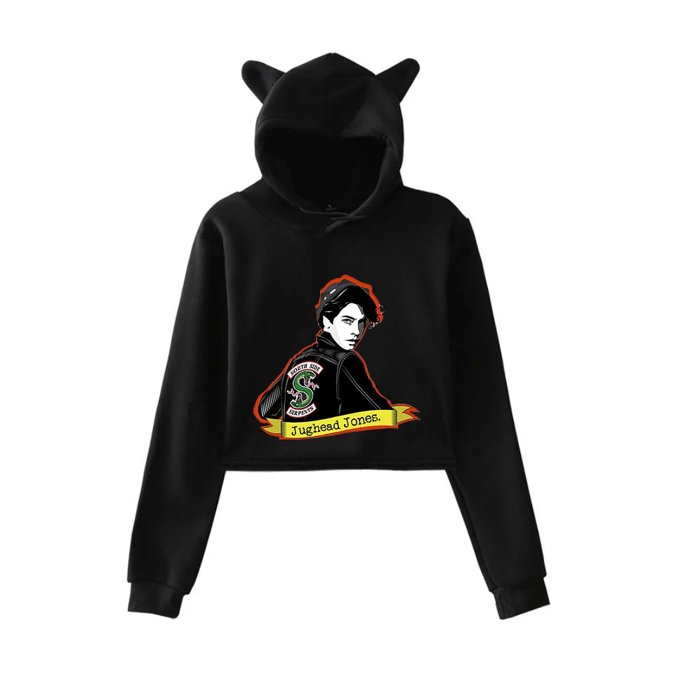 Модные осенние толстовки с изображением ривердейла для женщин Kawaii Pop Crop Top, худи с кошачьими ушами, толстовка с капюшоном для женщин и девочек, повседневные Черные Пуловеры