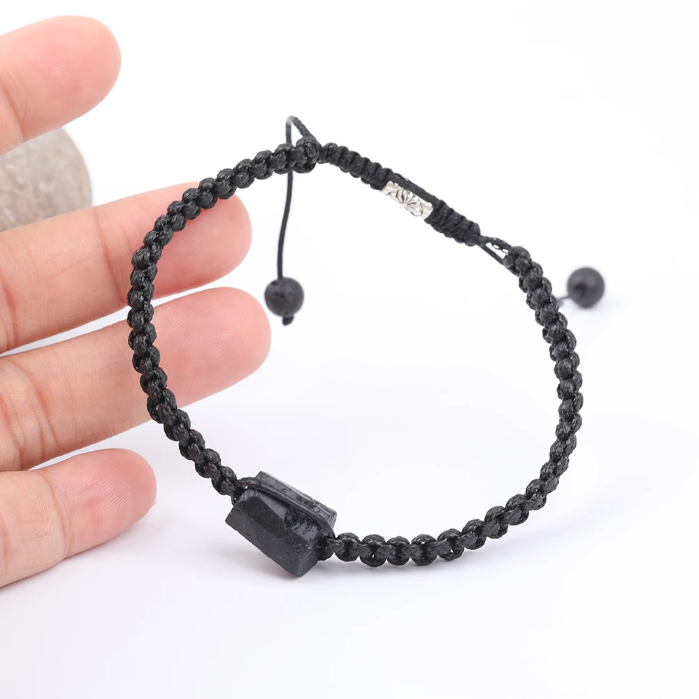 10Pcs/Lot Natural Black Tourmaline Stone Single Nugget Chip Beads Cord Knotted Adjustable Bracelet Jewelry N0383JBC