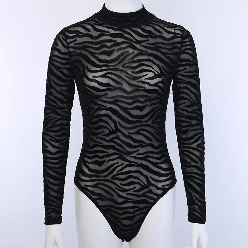 Animal Print Sexy Transparent Mesh Rompers Womens Jumpsuit Turtleneck Skinny Long Sleeve Bodysuit Fall One Piece Black Playsuit