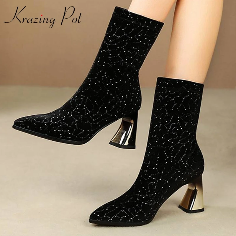 

krazing pot new arrival stretch flock bling shiny crystal-studded slip on high heels pointed toe keep warm mid-calf boots l0f3