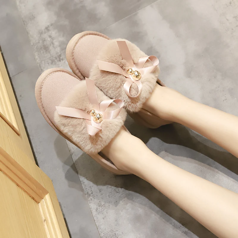 Winter Sexy Bowknot Keep Warm Snow Boots Women Fashion Round Toe Sleeve Ankle Boots Woman Low-heeled Platform Boots Ladies Shoes
