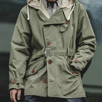 

trench coat men Autumn and winter mid-length RAF air force mid-waist coat jacket American retro hooded ground crew trench coat