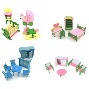 

Cute 1 Set Simulation Miniature Wooden Furniture Toys DollHouse Wood Furniture Set Dolls Baby Room For Kids Play Toy Furniture