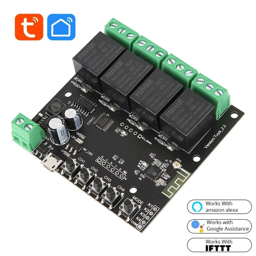 Módulo de interruptor momentáneo inteligente WiFi, 4 canales, autobloqueo, Tuya, Control por aplicación remota Smart Life, funciona con Alexa y Google Home