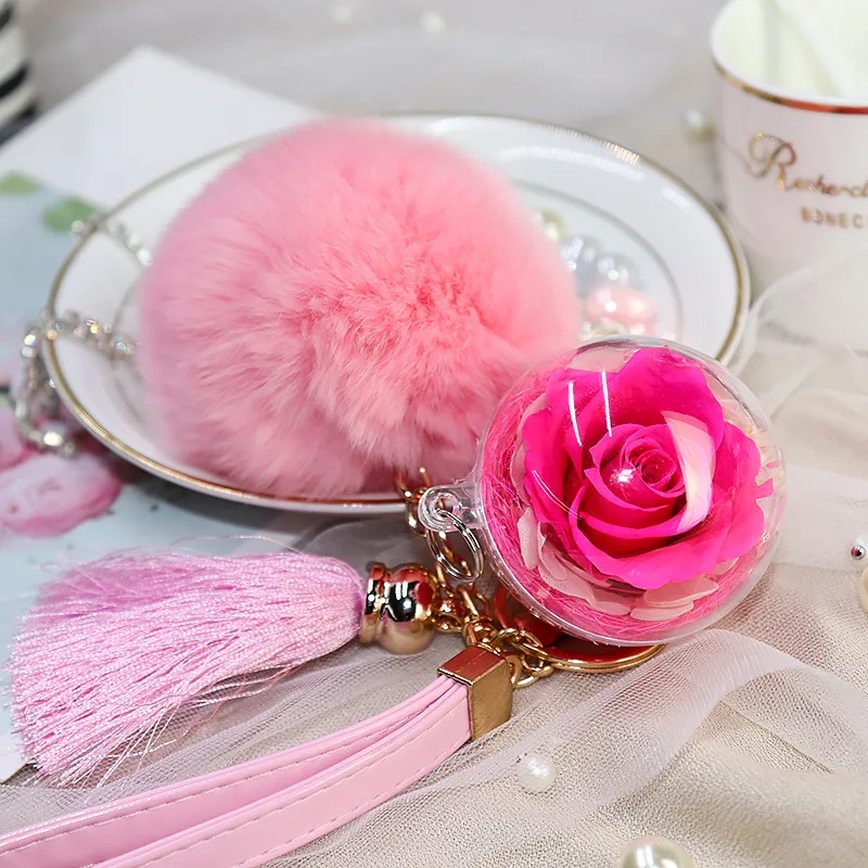 Preserved Rose Keychain Hanging Ornaments Bag Car Decorative Flowers Keychain With Plush Ball for Elegant Ladies Best Gift D30