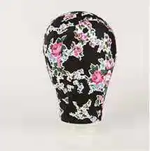 Print flower Canvas covered block mannequin wig stand head 22/23 inch average size used for wig making, hat stocking and display - Цвет: Черный
