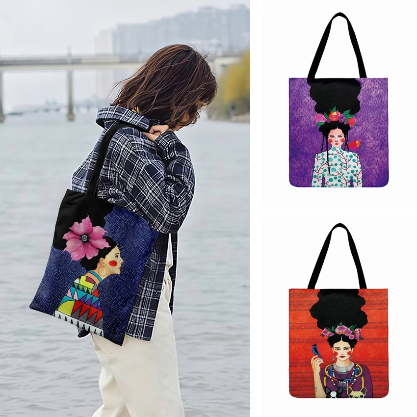 Fashion Shopping Modern Fashion Art Girls Painting Printed Tote Bags Ladies Shoulder Bag Women Casual Tote Outdoor Beach Bagbag