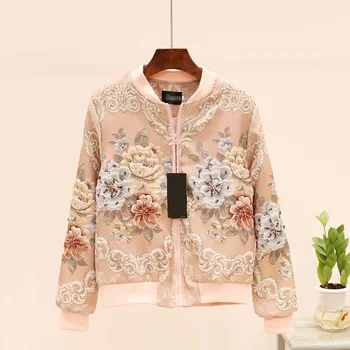 

Embroidery Floral Pearl Jacquard Jacket Women Pink Jacket Loose Coat
