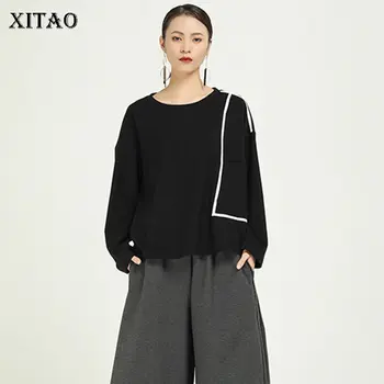 

XITAO Patchwork Pocket Black Gray T Shirt Women Clothes 2019 Fashion Loose Casual Irregular Pullover Match All Tshirt XJ2719