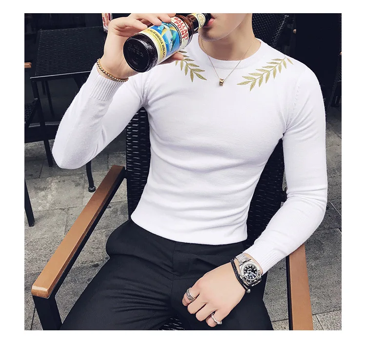 Embroidery Male Sweaters For Men Camisolas Homens Black White Grey Brown Stylish Slim Fit Elegant Sweater Hombre Kazak Erkek