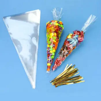 

100pcs Clear Cellophane Cone Bags Twist Ties Large size Party Sweet Cello Candy