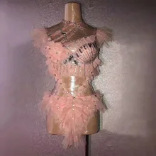 Сексуальные Стразы, розовый сетчатый боди, Женский танцевальный бар, наряд для дня рождения, праздничный наряд, наряд для вечеринки, для певца