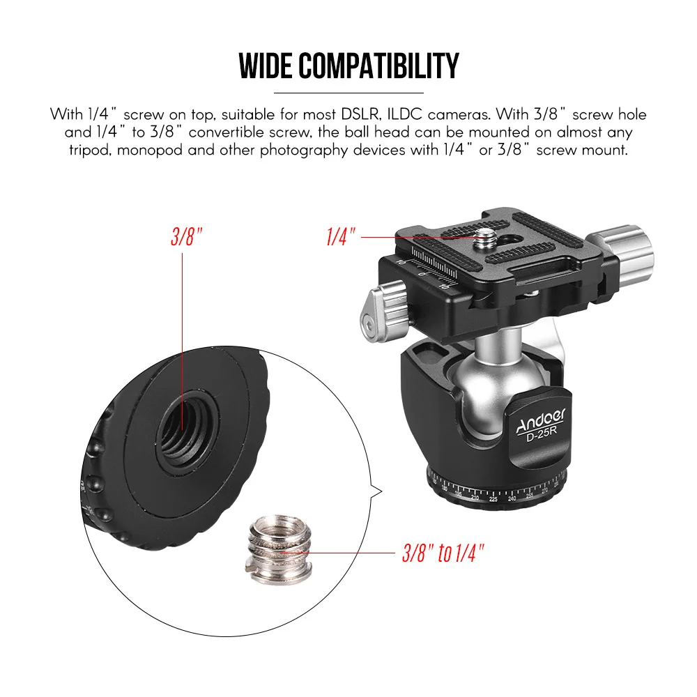 Andoer D-25R CNC Machining Aluminum Alloy Double Notch Ball Head Mini Ballhead Low Center of Gravity for DSLR ILDC Cameras