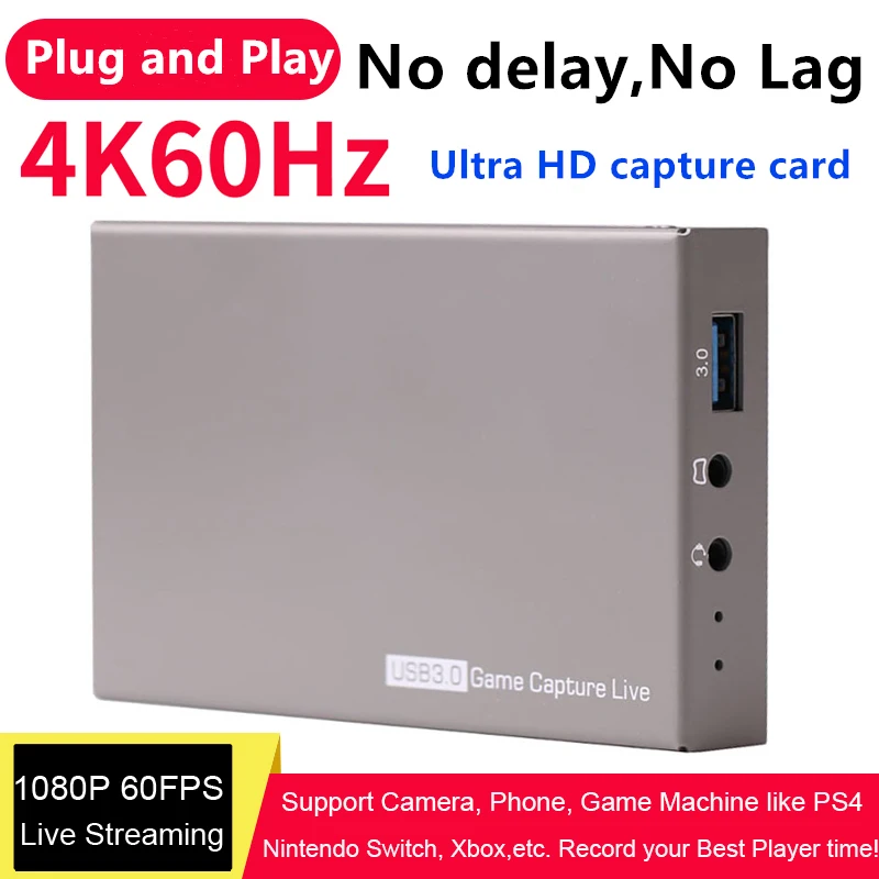 USB3.0 4K 60Hz Video Capture Card HDMI to USB 3.0 Dongle Game Streaming Live Stream Broadcast with MIC 3.5mm Gamepad Audio input
