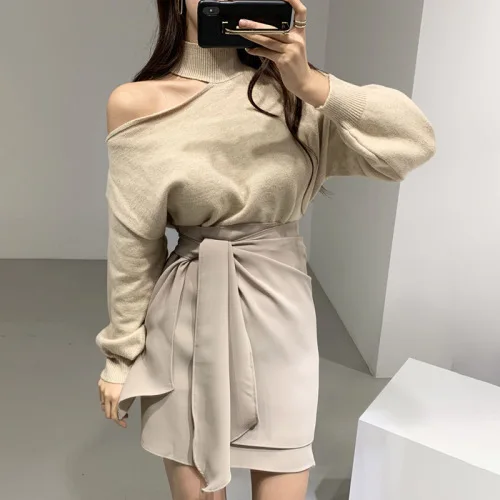 apricot sweater SuperAen, корейский стиль, женские комплекты, дикие, повседневные, с открытыми плечами, женские пуловеры, свитер, нерегулярные кружева, высокая талия, юбка, новинка - Цвет: apricot sweater