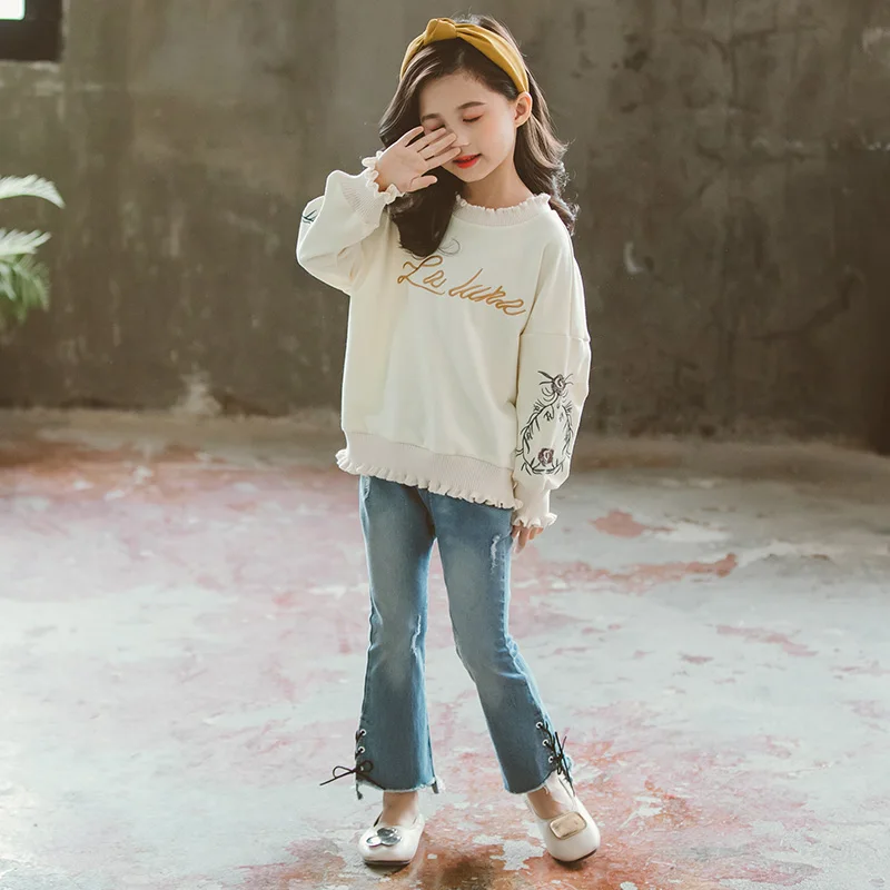 Fashion Spring Autumn Baby Girls Jeans Lace-up Flared Ripped Elastic Waist Trousers Kids Girls Casual Solid Denim Pants