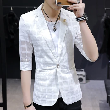 

Thin Suit Jacket Men Prom Blazers For Men Blazer Hombre Casual See Through Blazer Half Sleeve Lattice Blazer Masculino Slim Fit