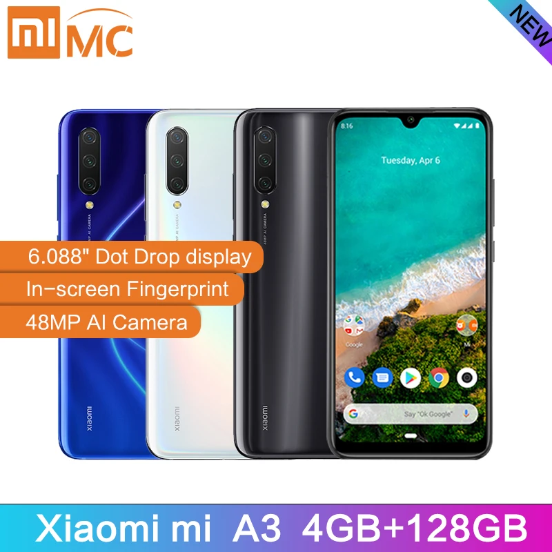 

Original Xiaomi Mi A3 6.088" AMOLED 4GB 128GB 48MP Mobile Phone Snapdragon 665 Octa Core In screen Fingerprint 4030mAh Cellphone